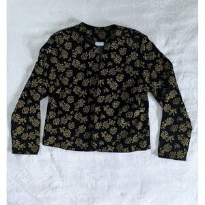 VTG Blair Boutique Black Velvet Gold Roses‎ Open Front Blazer Whimsigoth Floral
